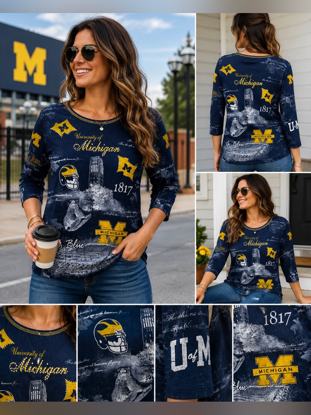 Vintage University of Michigan Rhinestone Graphic Medium Game Day Go Blue Shirt